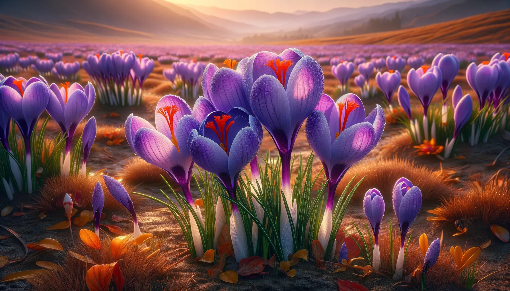 Шафран посевной Crocus sativus — фиолетовые цветки с красно-оранжевыми рыльцами на плантации в Кашмире