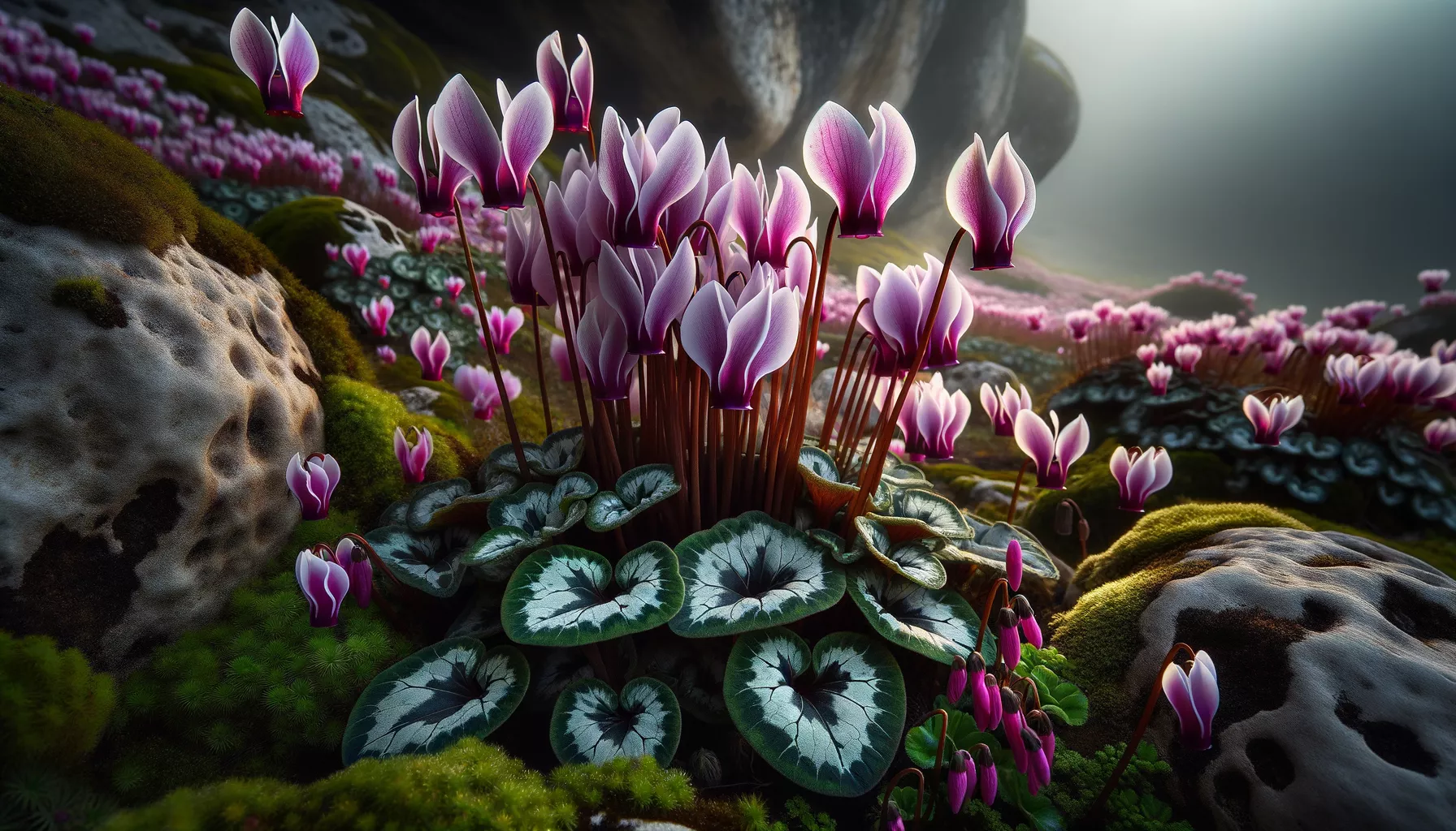 Дикий персидский цикламен Cyclamen persicum с розово-лиловыми цветами и серебристо-мраморными листьями в горах Иудеи весной — национальный цветок Израиля
