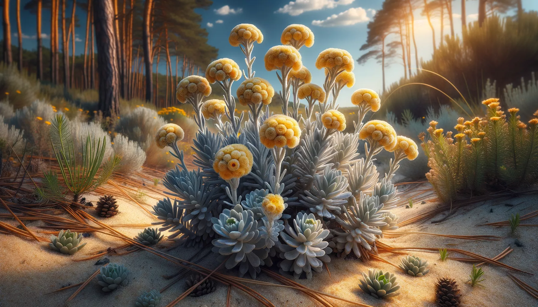 Цмин песчаный Helichrysum arenarium — растение с серебристо-войлочными листьями и лимонно-жёлтыми корзинками