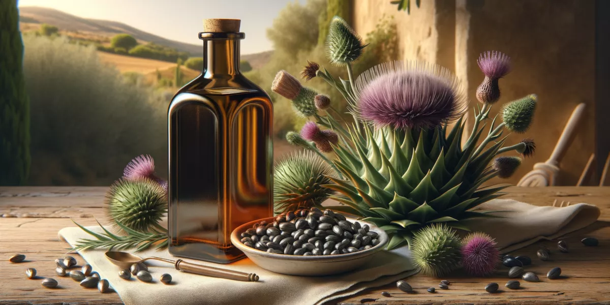 Бутылка масла расторопши Silybum marianum холодного отжима с семенами и листьями