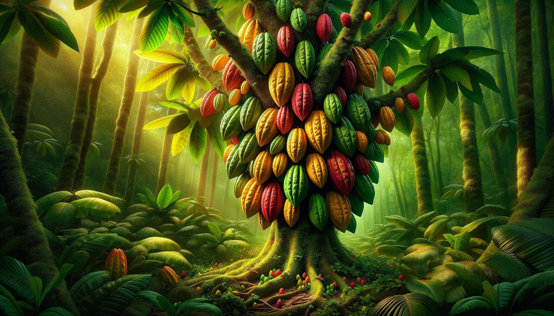 Theobroma cacao — шоколадное дерево с плодами на стволе в тропическом лесу